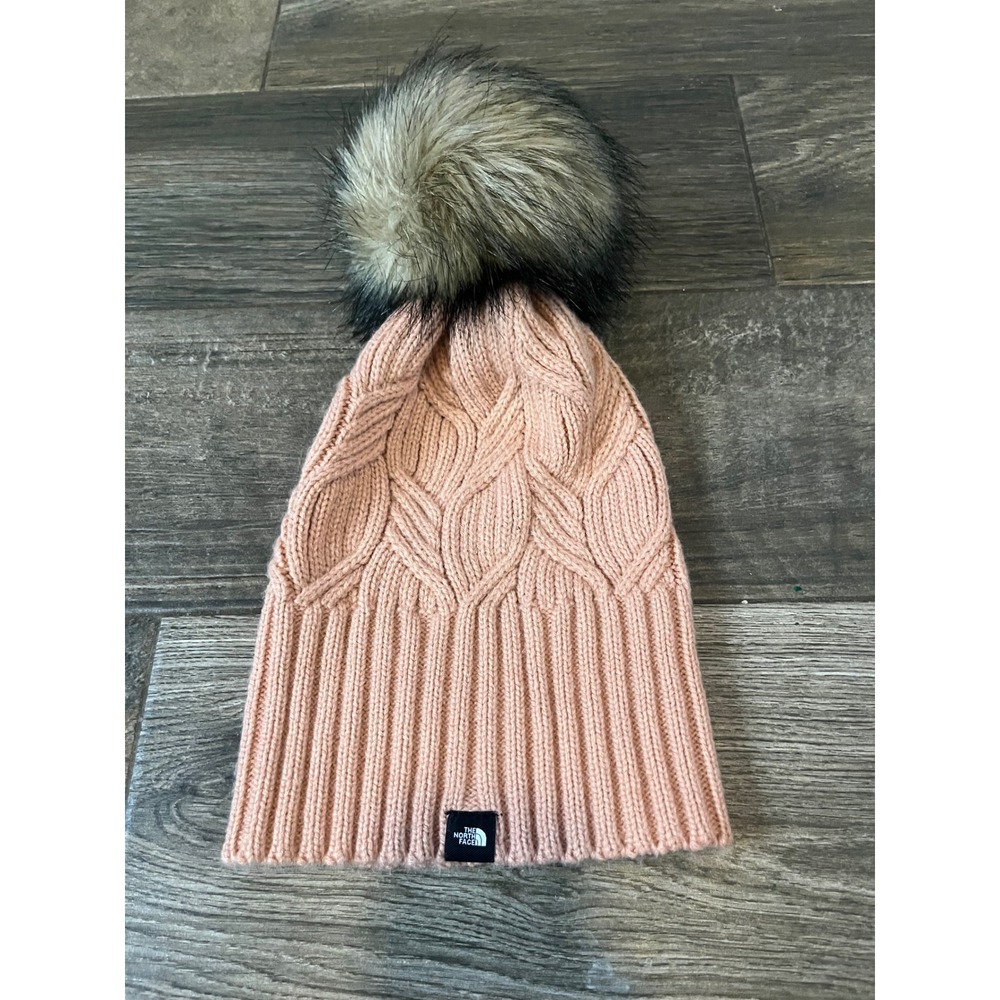 The North Face Oh-Mega Fur Pom Beanie Pink Cable Knit Faux Fur Pom-Pom Hat